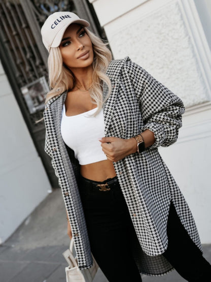 Ladies new loose fashion casual hooded plaid jacket