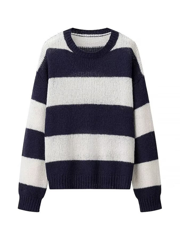 Casual crew neck long sleeve striped sweater top