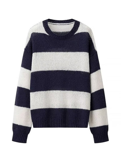 Casual crew neck long sleeve striped sweater top