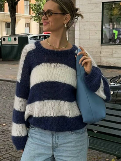 Casual crew neck long sleeve striped sweater top