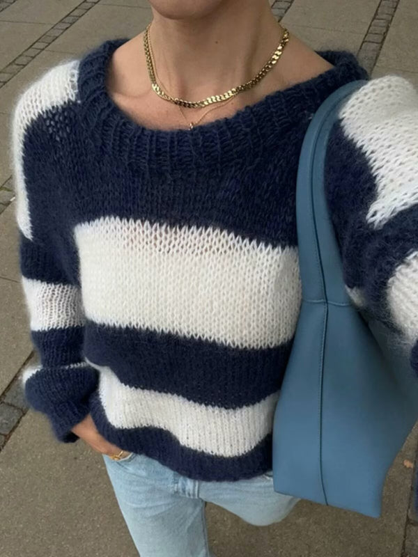 Casual crew neck long sleeve striped sweater top